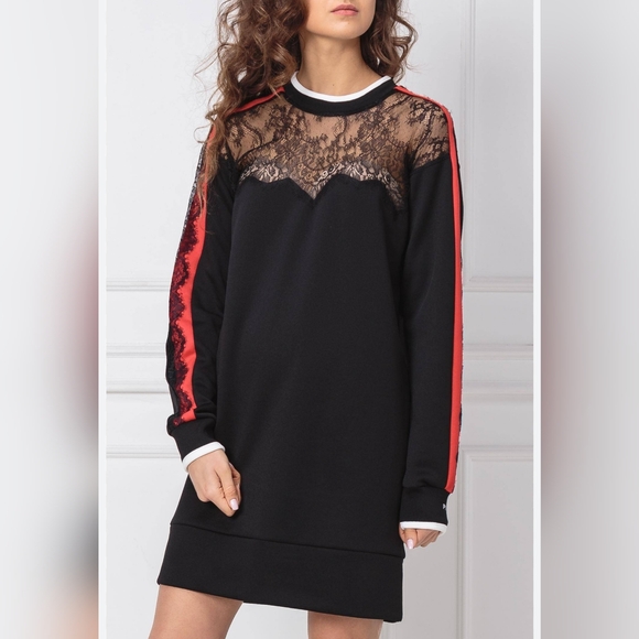 041. Pinko Buono Black/Lace/Red Striped Mini Dress - Picture 6 of 6